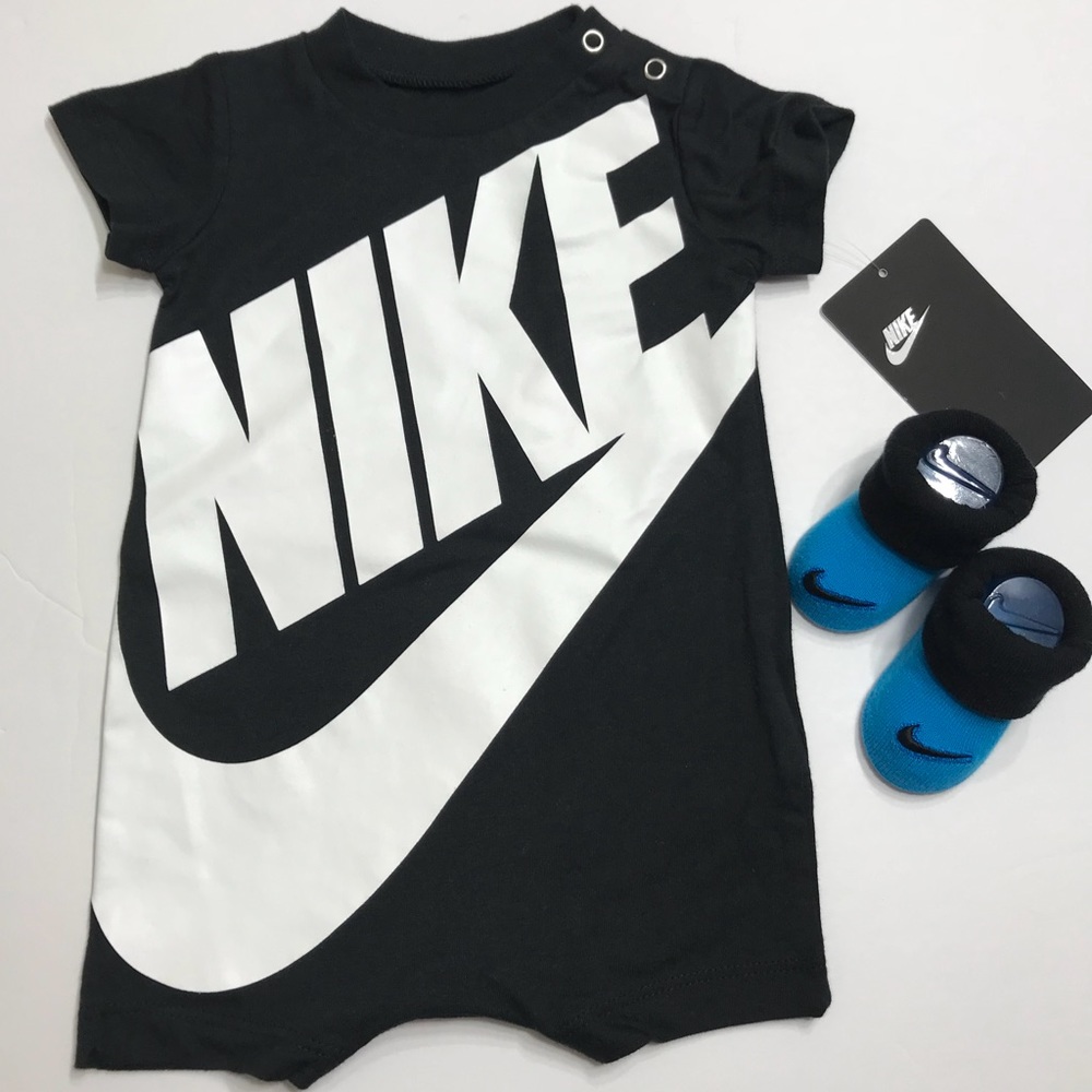 Nike Futura Coverall Shorts One Piece Outfit & Booties Socks Sz 6M Black Blue